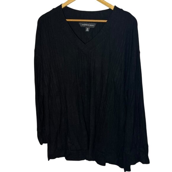 Andrew Marc Women's L V-Neck Pullover Sweater Top Black Ribbed Lightweight Basic - Picture 1 of 6